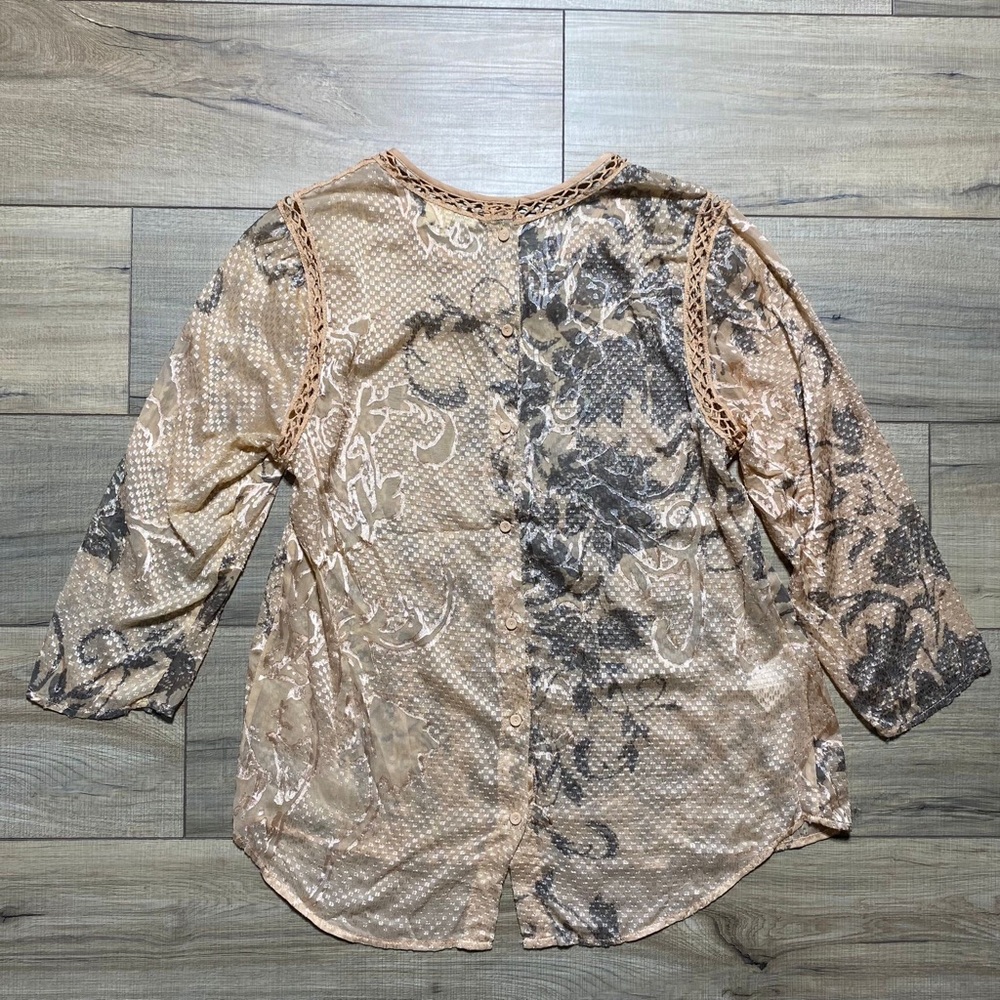 Meadow Rue Anthropologie Womens Floral Sheer Back Button Blouse S Peach Brown - Picture 6 of 8